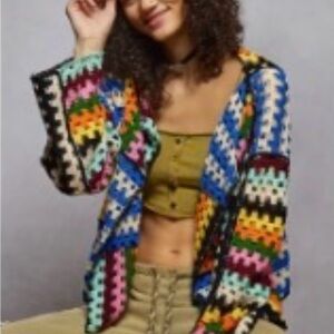 POL Multicolor Crochet Weave Knit Women Cardigan